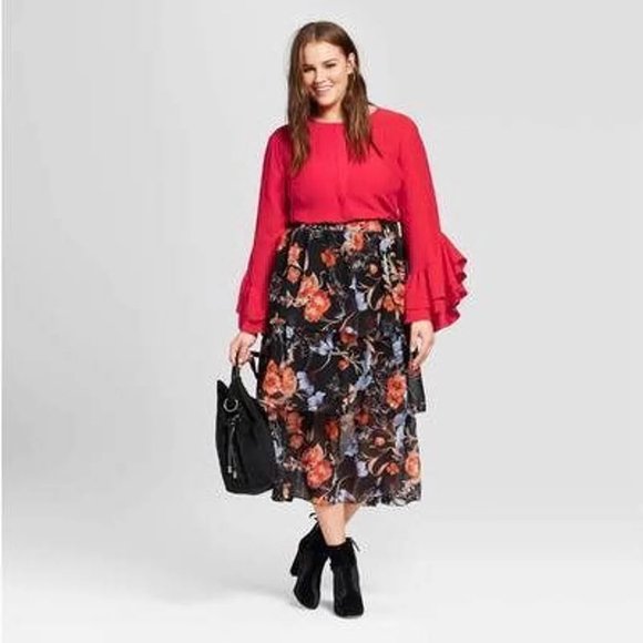 Who What Wear Long Sleeve Red Ruffle Top Size Large - Picture 8 of 12